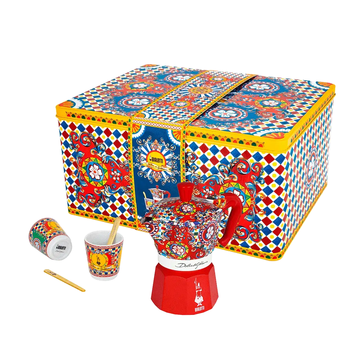 Bialetti - Set Moka Expresso Carretto Siciliano moka 2 tz, 2 bicchierini in porcellana e 2 palettine dorate
