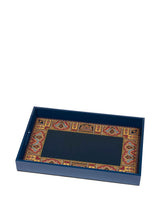 Vassoio grande rettangolare ETRO blu con decoro multicolore, vista dall’alto