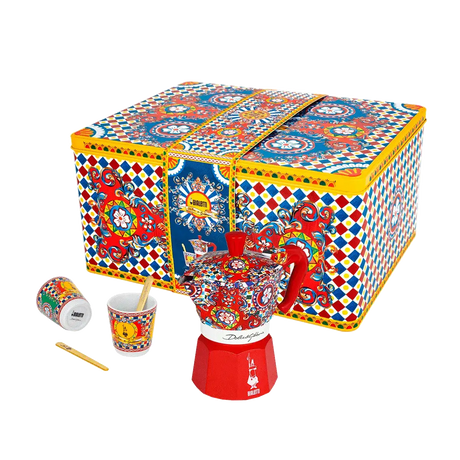 Bialetti - Set Moka Expresso Carretto Siciliano moka 2 tz, 2 bicchierini in porcellana e 2 palettine dorate